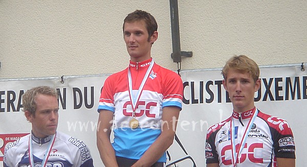 The podium of the elite road-race at the Luxemburgish National Championships 2005: Kim Kirchen, Frank Schleck, Andy Schleck